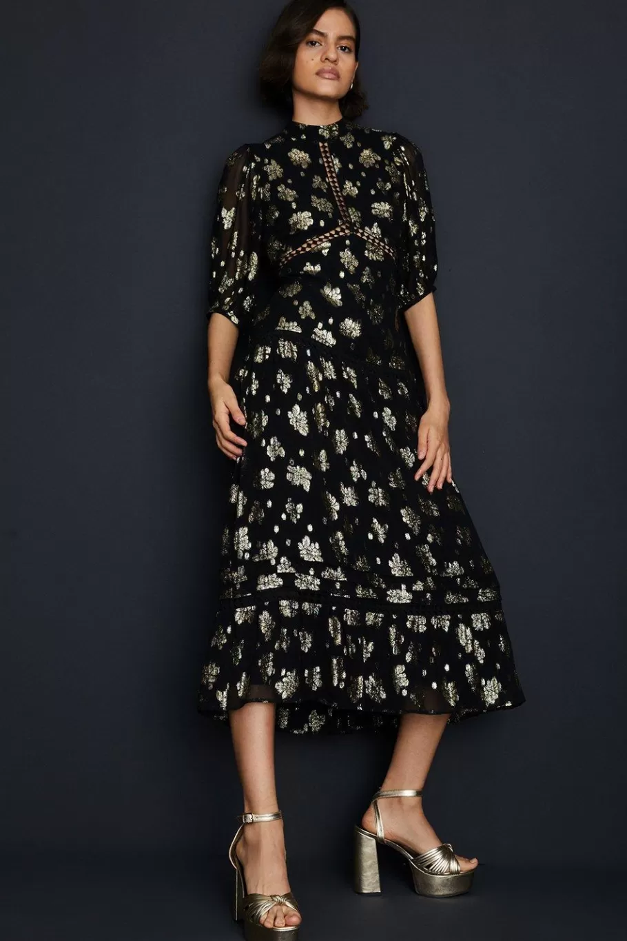 Oasis Metallic Floral Jacquard Lace Trim Midi Dress Black Best Sale