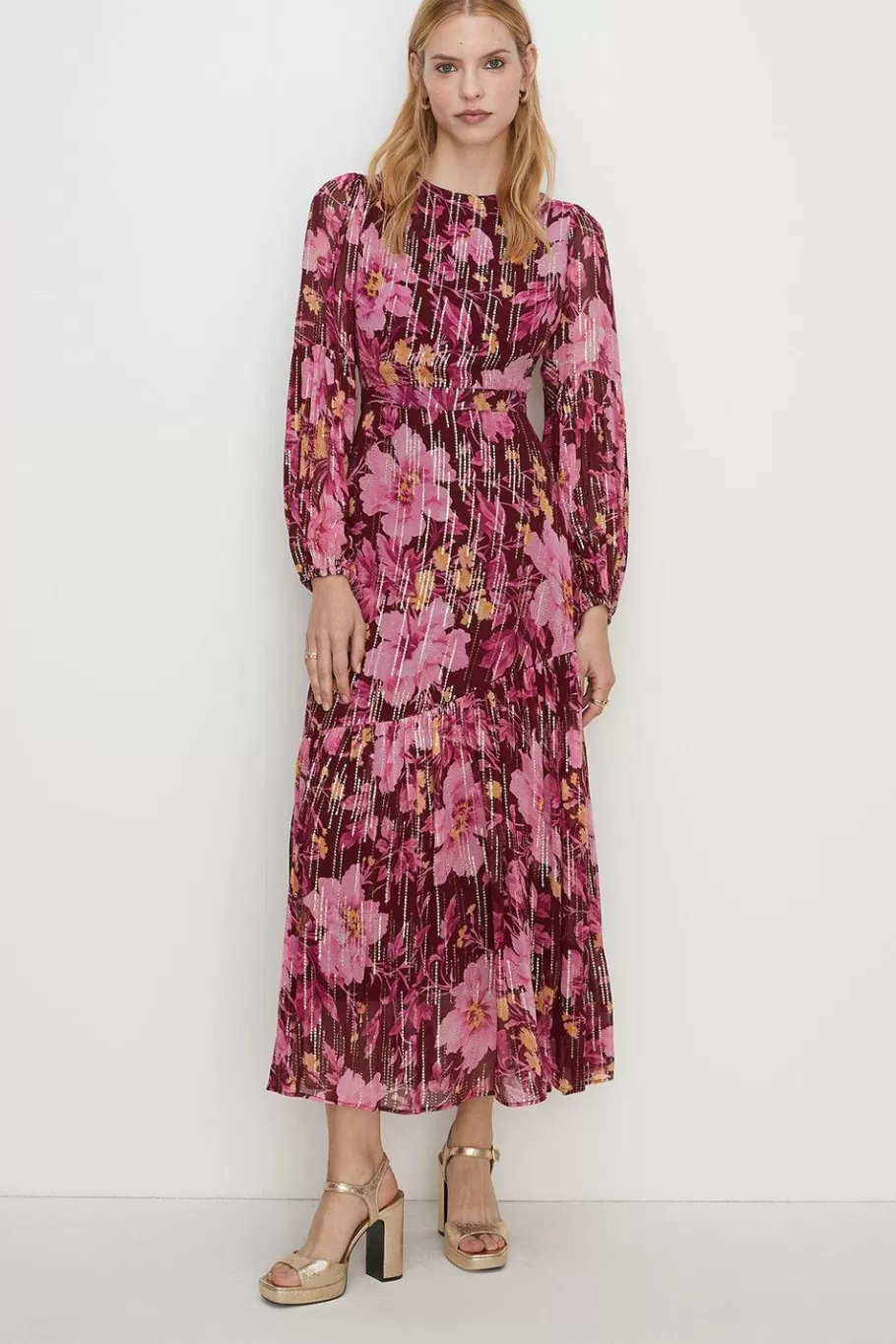 Oasis Metallic Floral Open Back Tiered Maxi Dress Berry Outlet