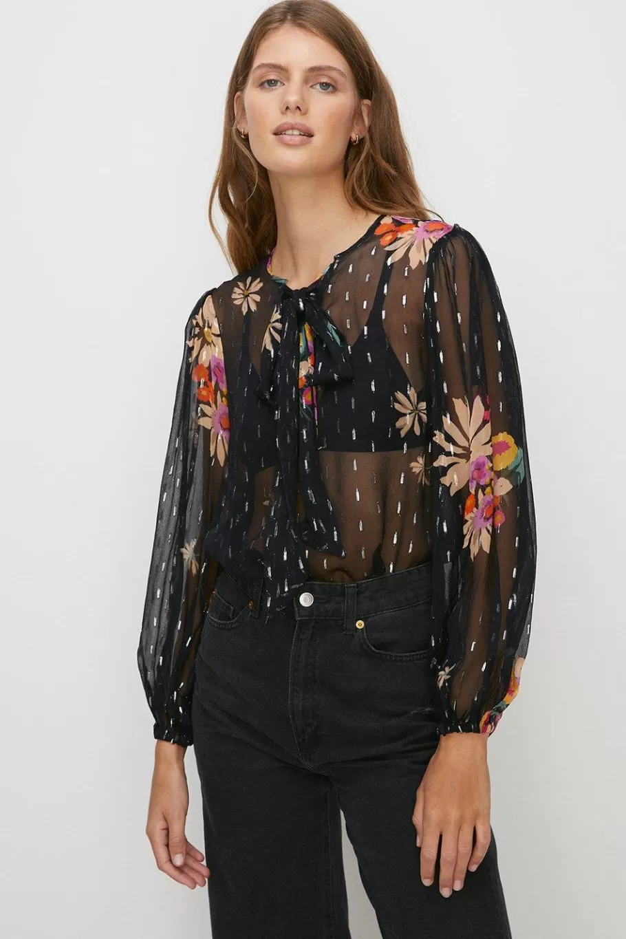 Oasis Metallic Floral Pussybow Blouse Black Best