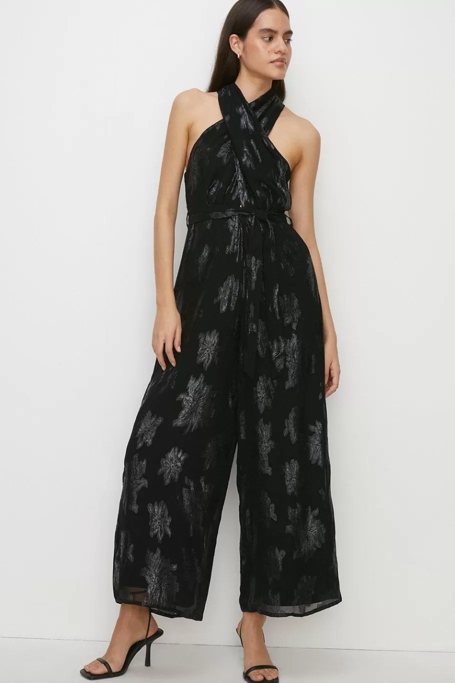 Oasis Metallic Halterneck Belted Jumpsuit Black Cheap