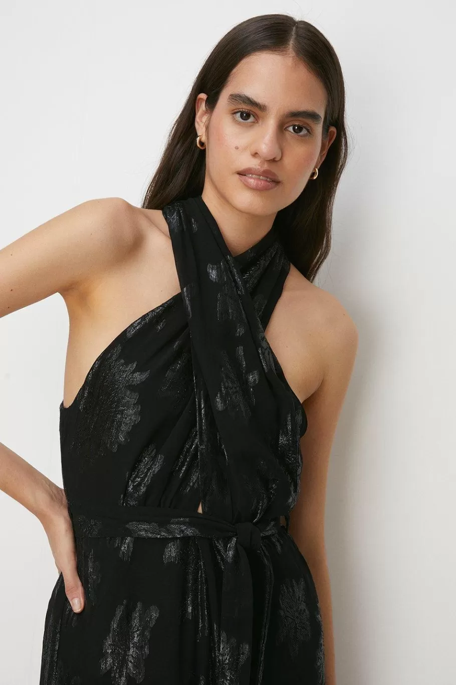 Oasis Metallic Halterneck Belted Jumpsuit Black Cheap