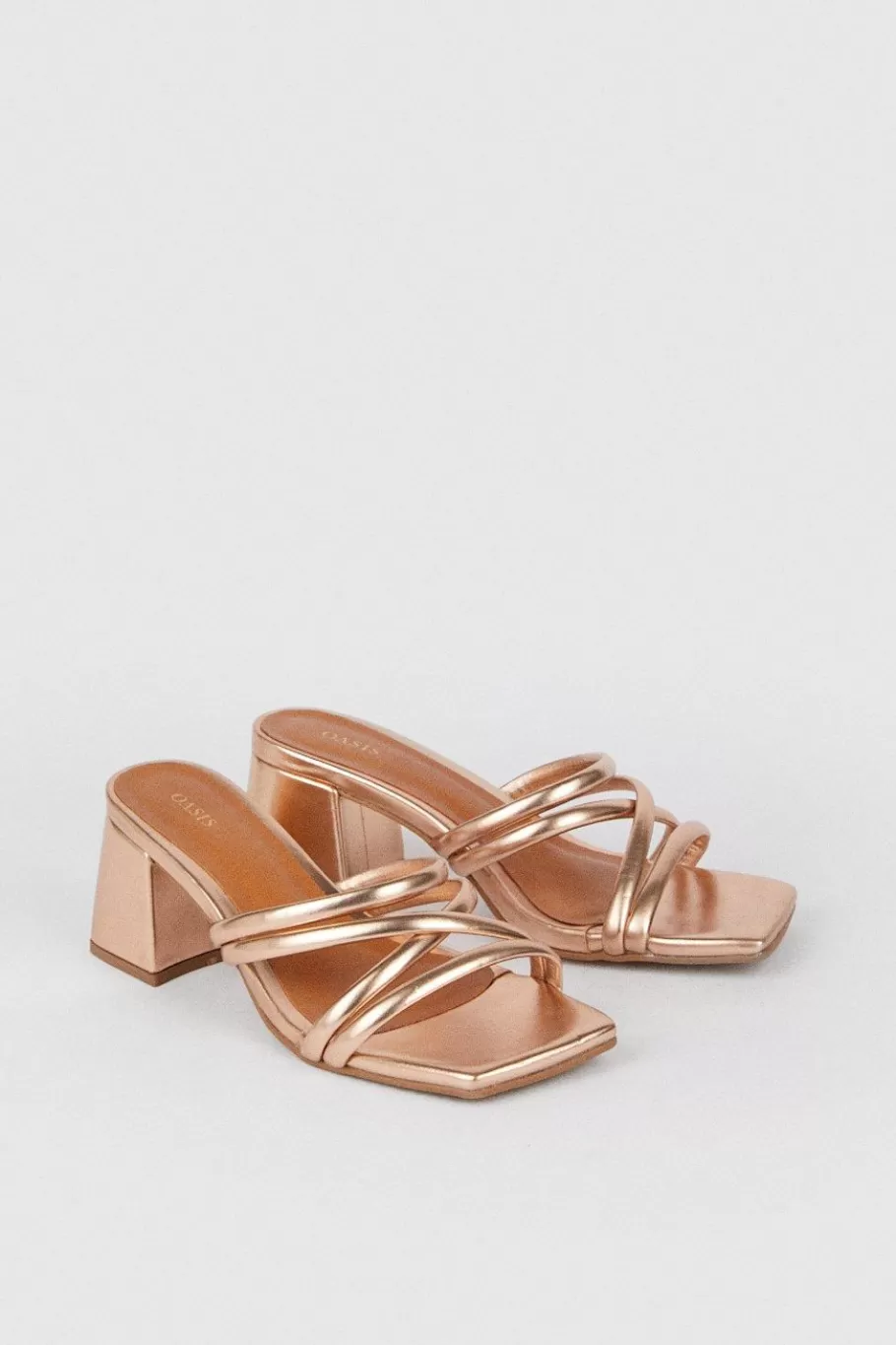 Oasis Metallic Multi Strap Detail Mule Block Heel Rose Gold Best