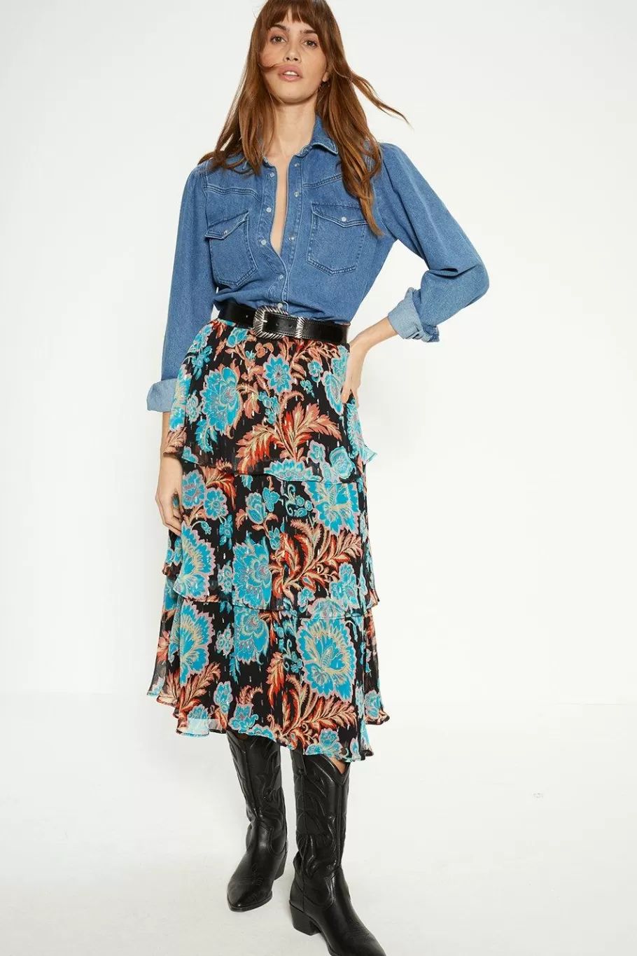 Oasis Metallic Paisley Print Tiered Skirt Black Online