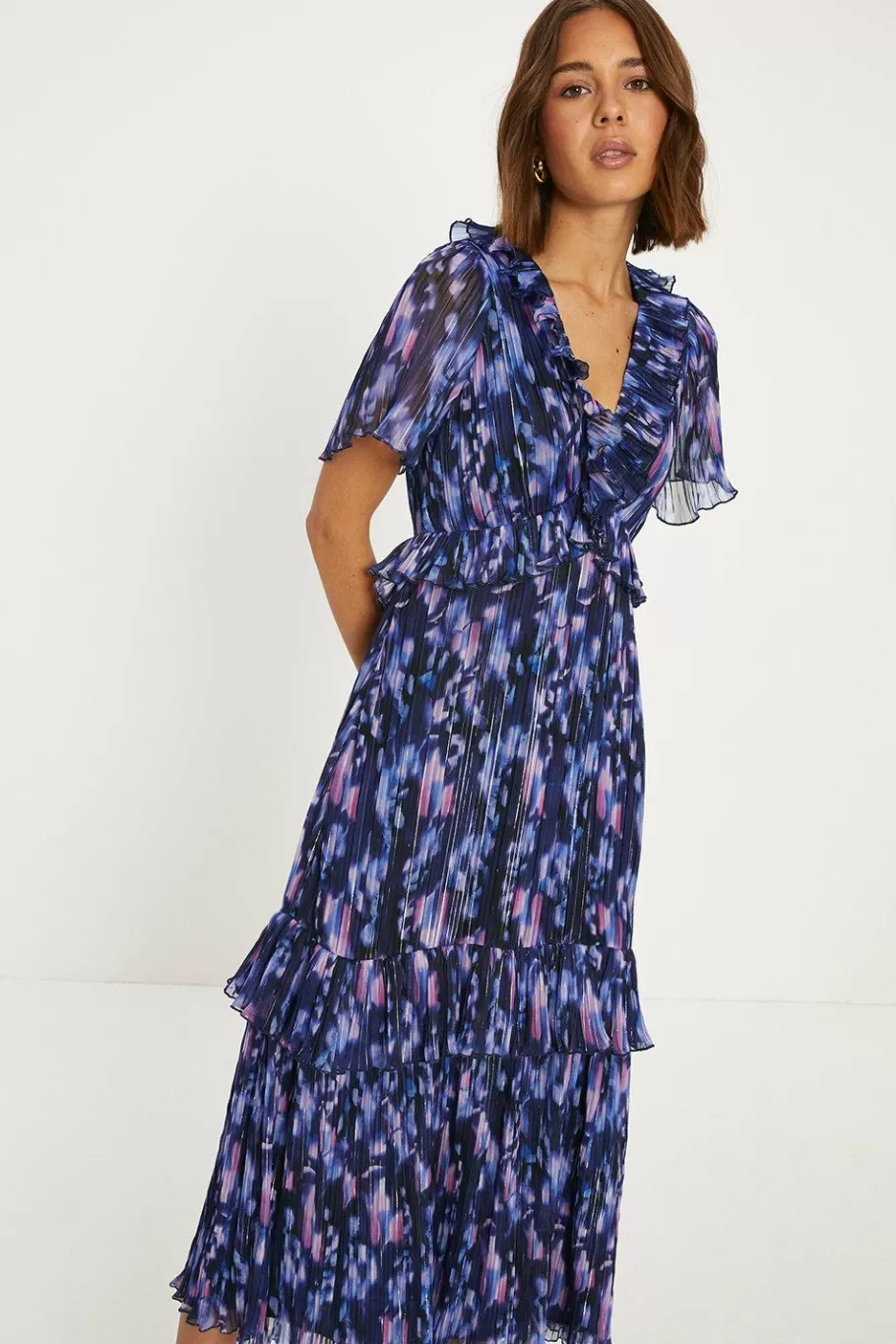 Oasis Metallic Pleated Ruffle Printed Midi Dress Navy Store