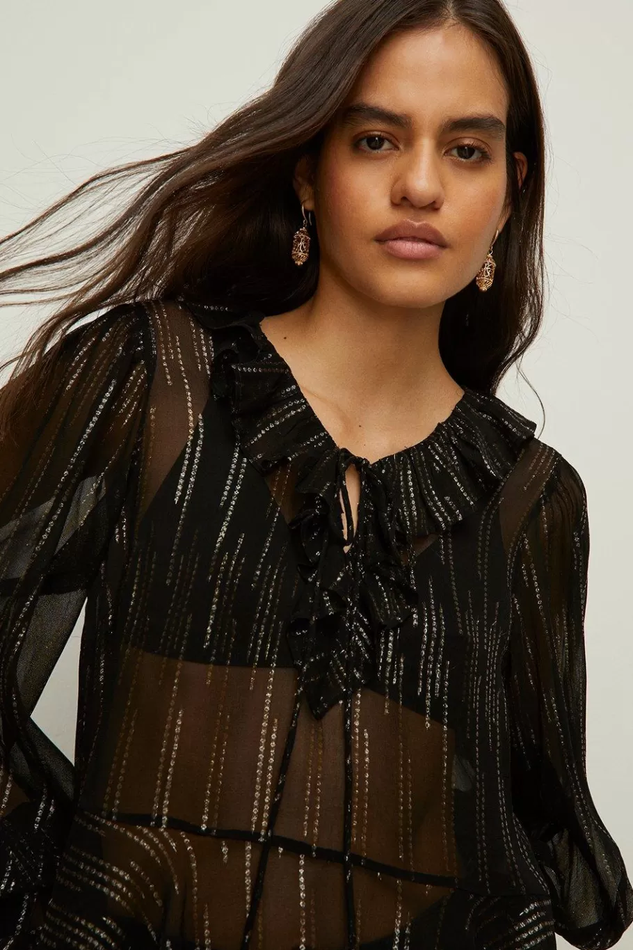 Oasis Metallic Ruffle V Front Blouse Black Cheap