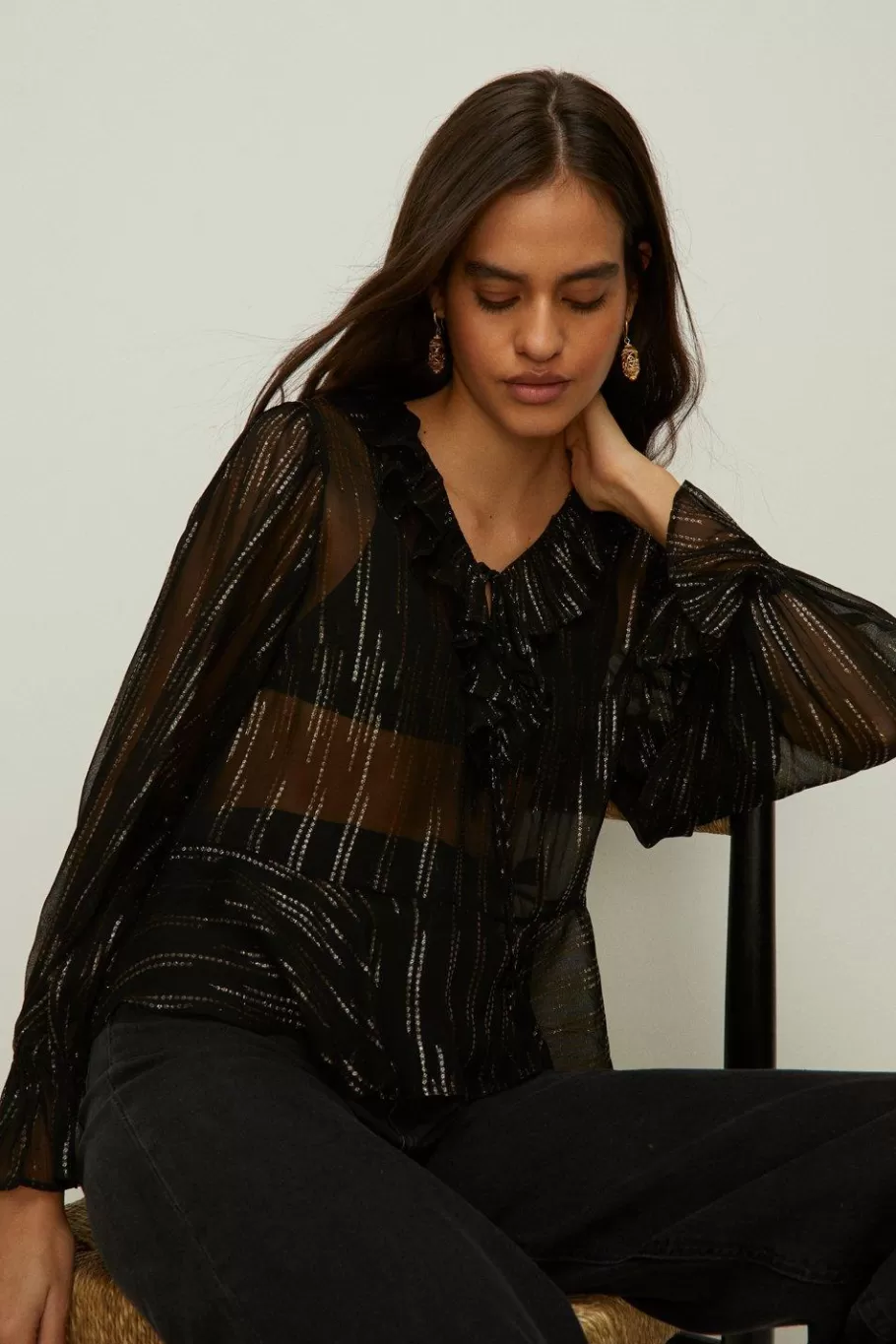 Oasis Metallic Ruffle V Front Blouse Black Cheap