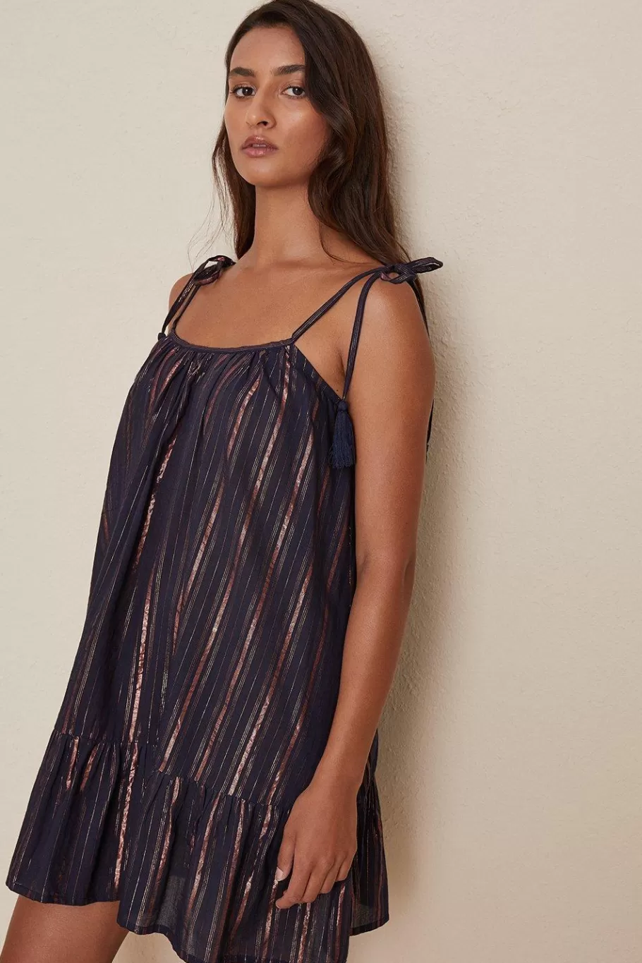 Oasis Metallic Stripe Tassle Mini Beach Dress Navy Outlet