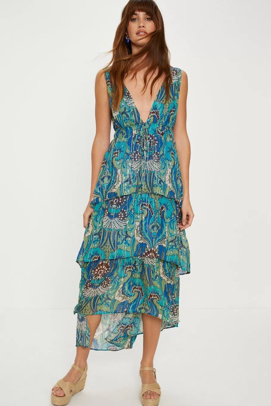 Oasis Metallic Tonal Paisley Tiered Midaxi Dress Blue Best