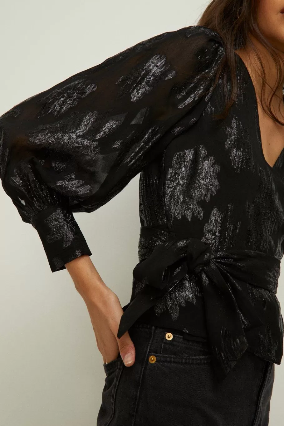 Oasis Metallic Wrap Front Blouse Black Cheap