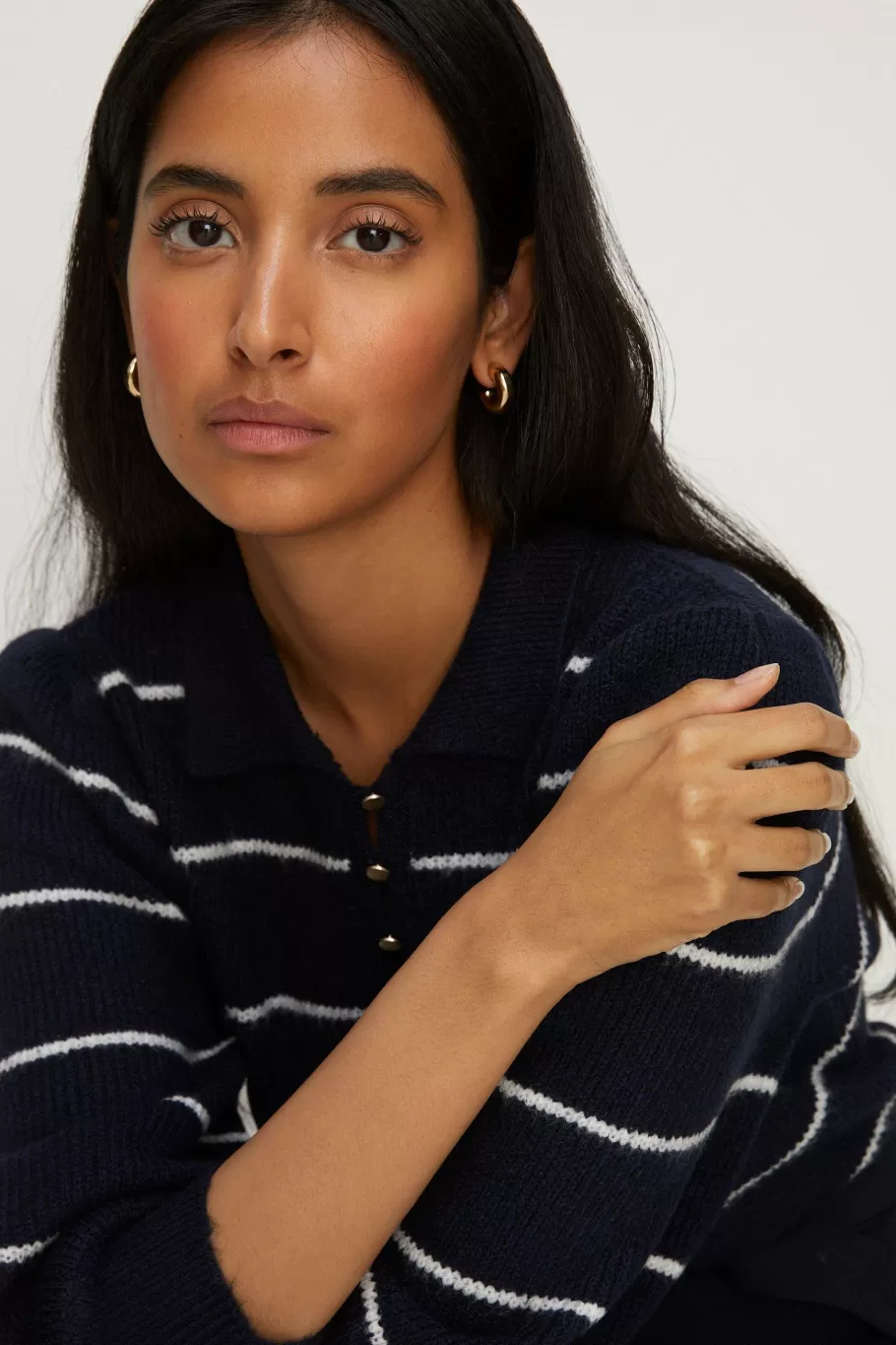 Oasis Micro Button ¾ Sleeve Stripe Jumper Navy Cheap