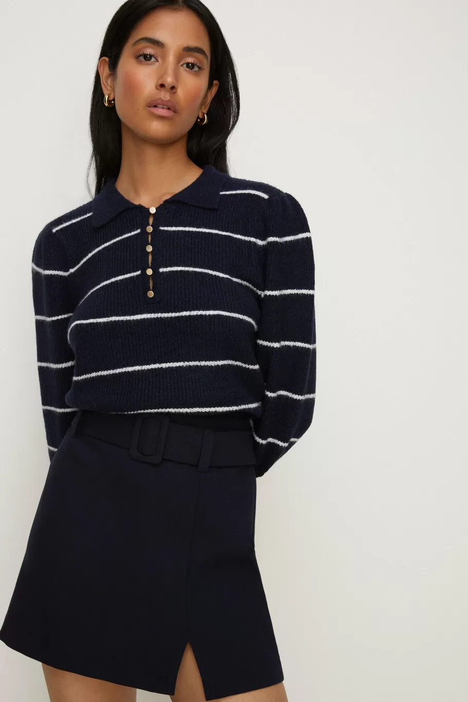 Oasis Micro Button ¾ Sleeve Stripe Jumper Navy Cheap