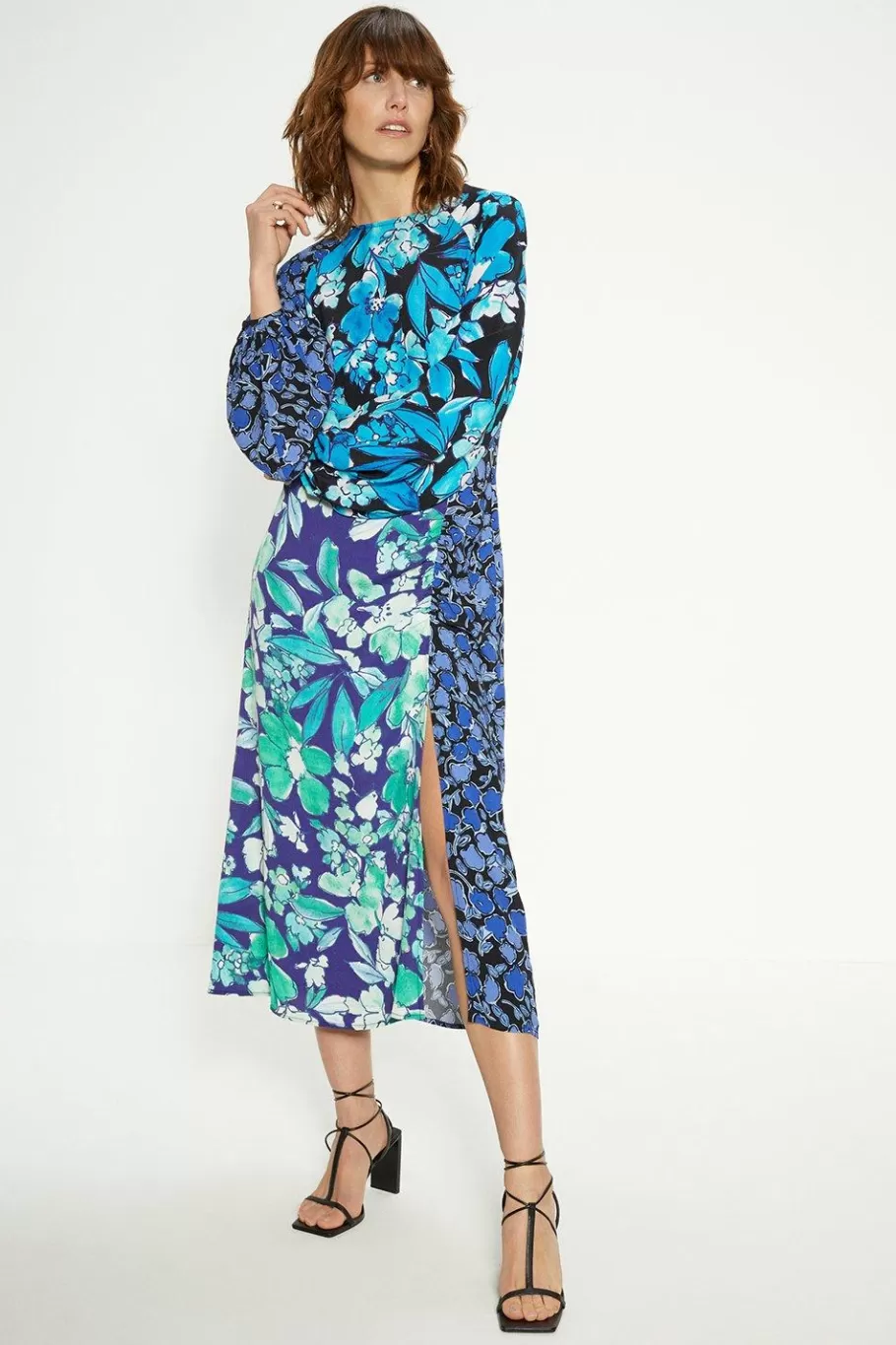 Oasis Mixed Floral Ruched Front Midi Dress Blue Cheap