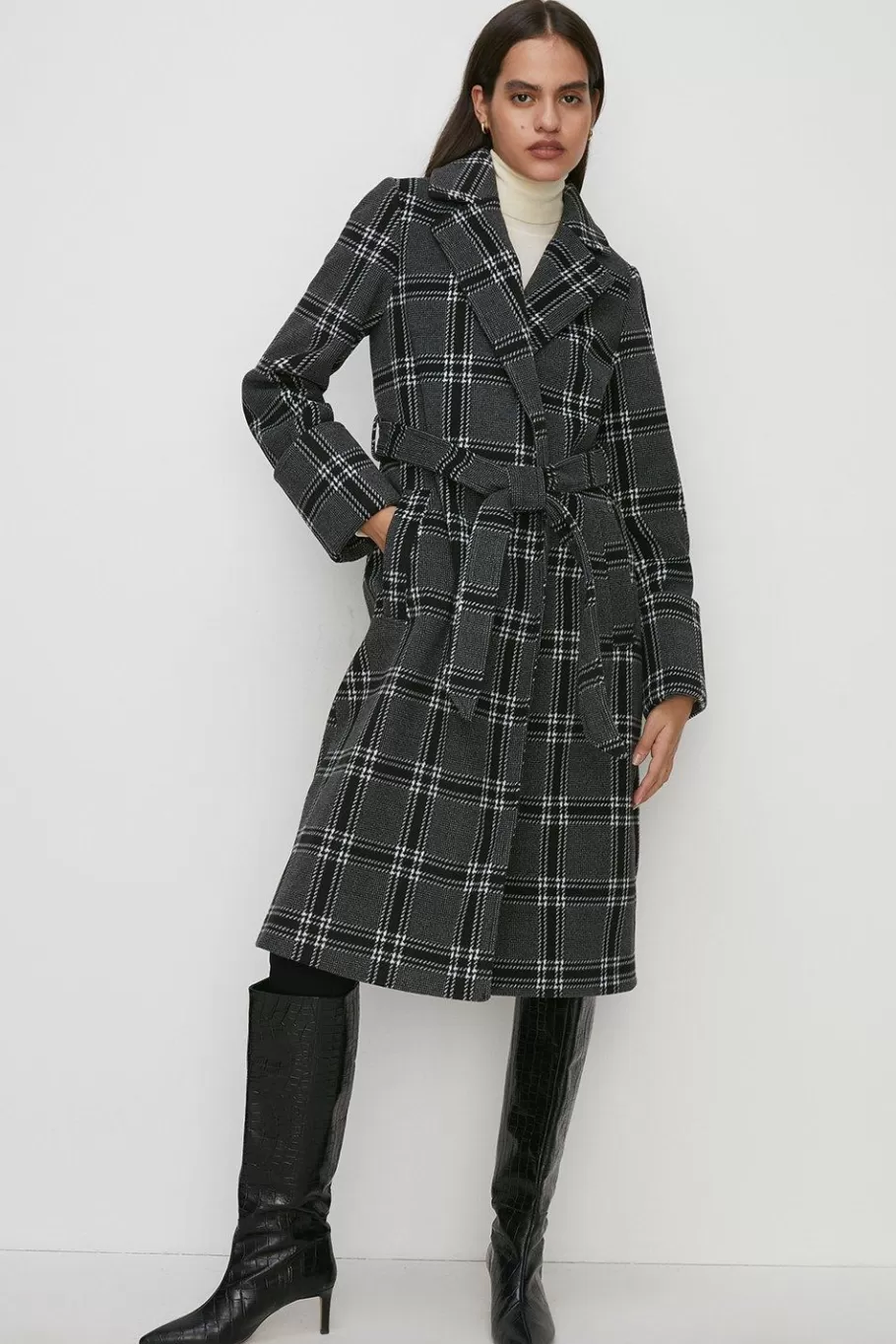 Oasis Mono Check Belted Wrap Turn Up Cuff Coat Black Cheap