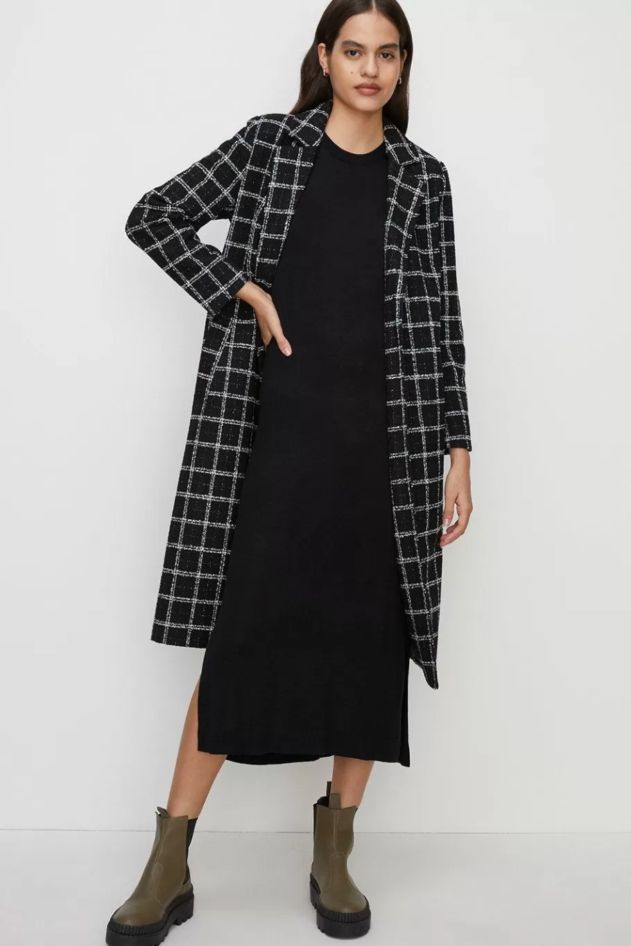 Oasis Mono Check Single Breasted Relaxed Coat Black Hot