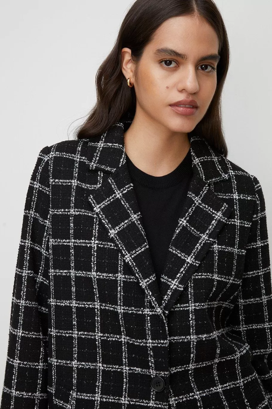 Oasis Mono Check Single Breasted Relaxed Coat Black Hot