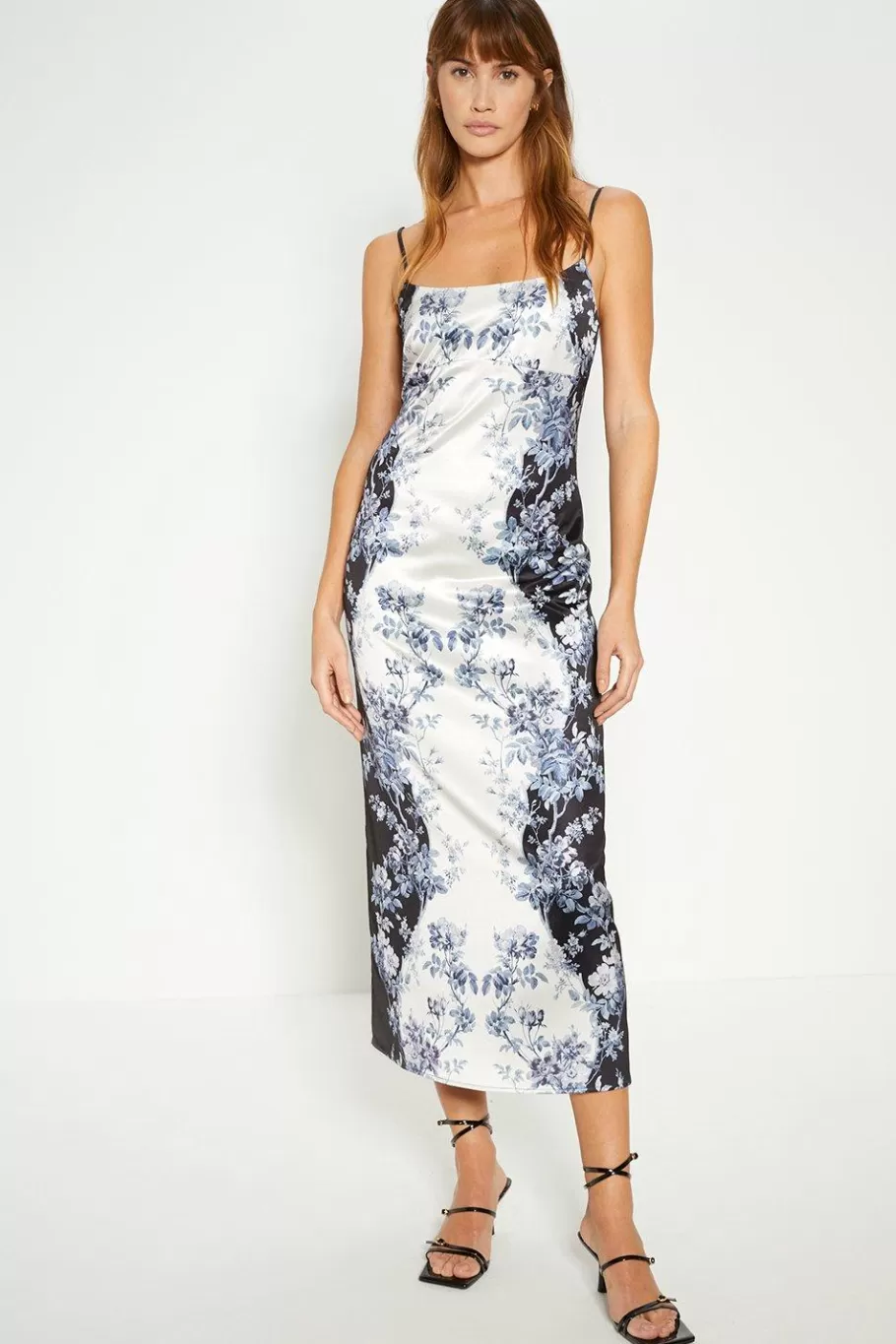 Oasis Mono Floral Empire Seam Strappy Satin Slip Dress Blackwhite Clearance