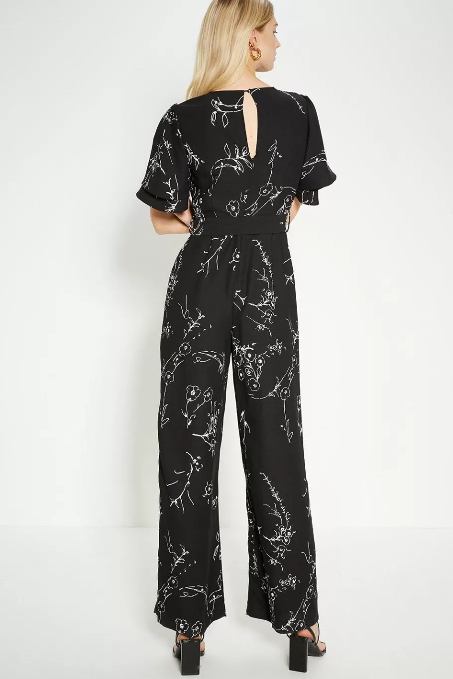 Oasis Mono Floral Printed Crepe Belted Jumpsuit Black Outlet