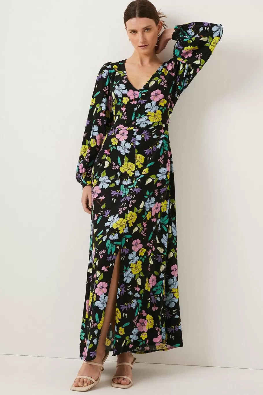 Oasis Neon Printed V Neck Ruched Midi Dress Floral Store