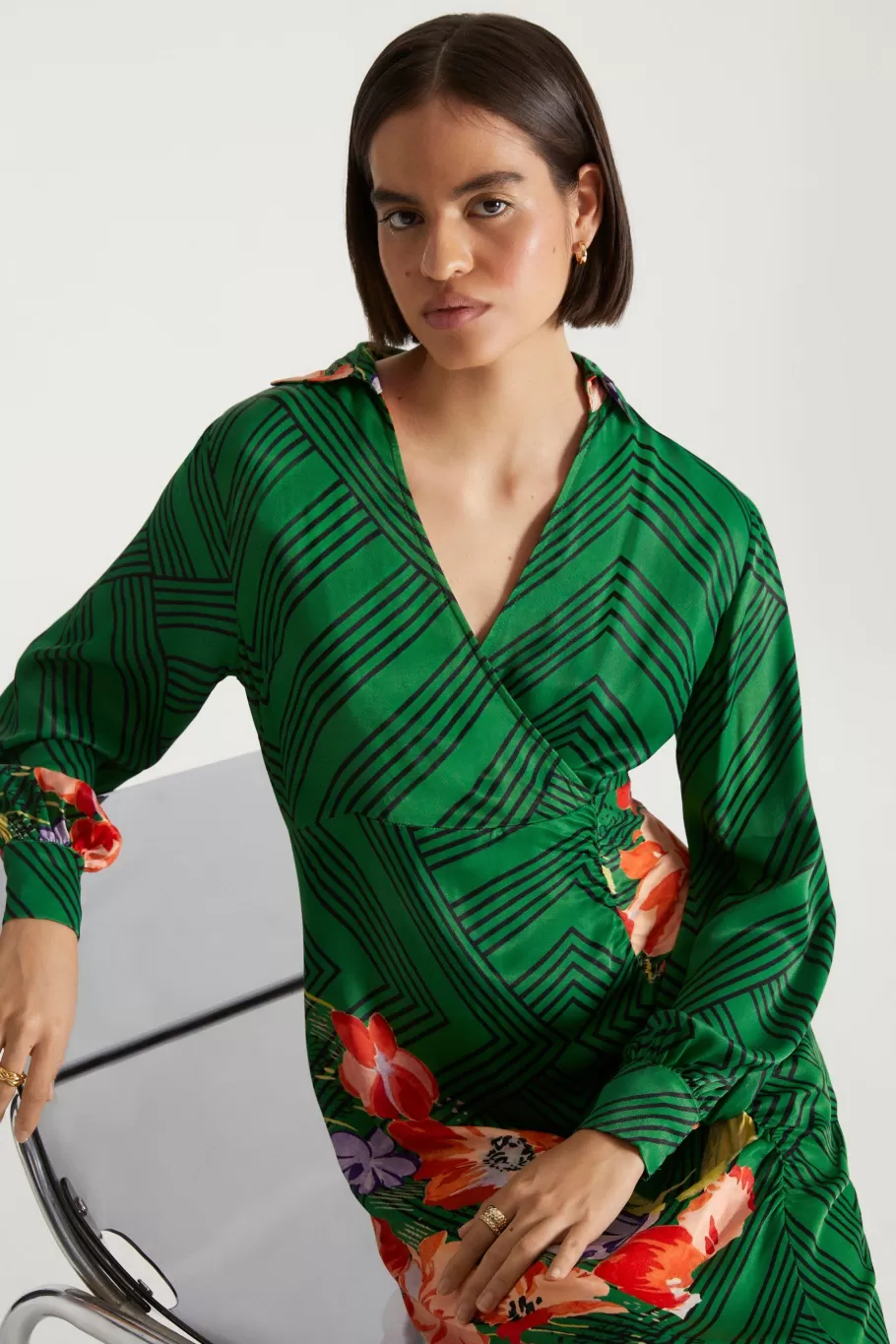 Oasis X Print Sisters Ruched Side Shirt Dress Green Flash Sale