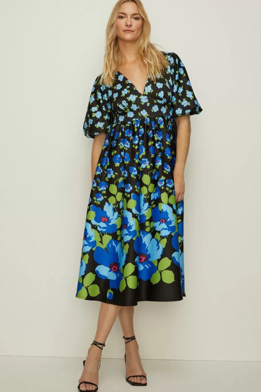 Oasis Ombre Floral Puff Sleeve Scuba Midi Dress Black Store