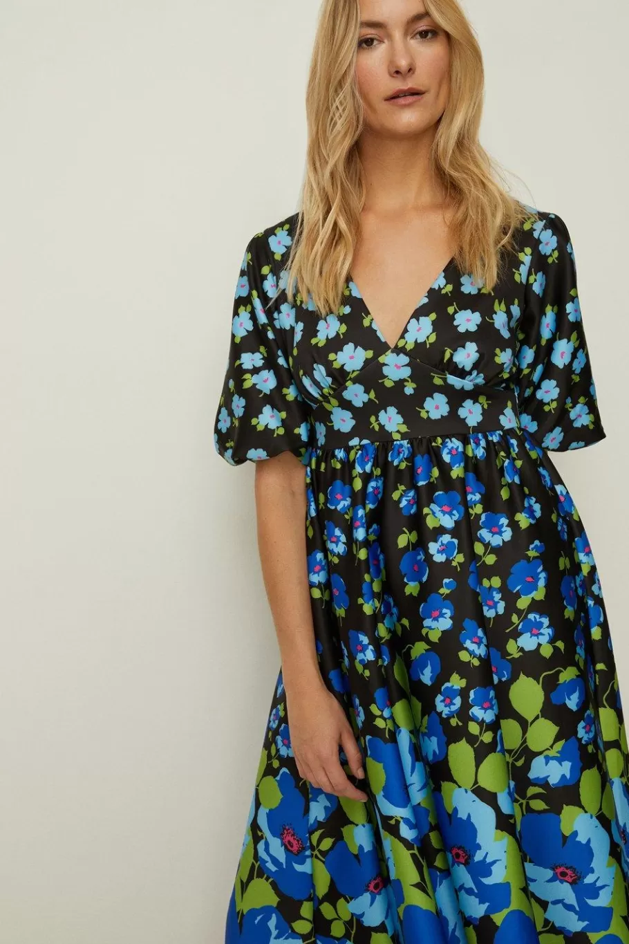 Oasis Ombre Floral Puff Sleeve Scuba Midi Dress Black Store