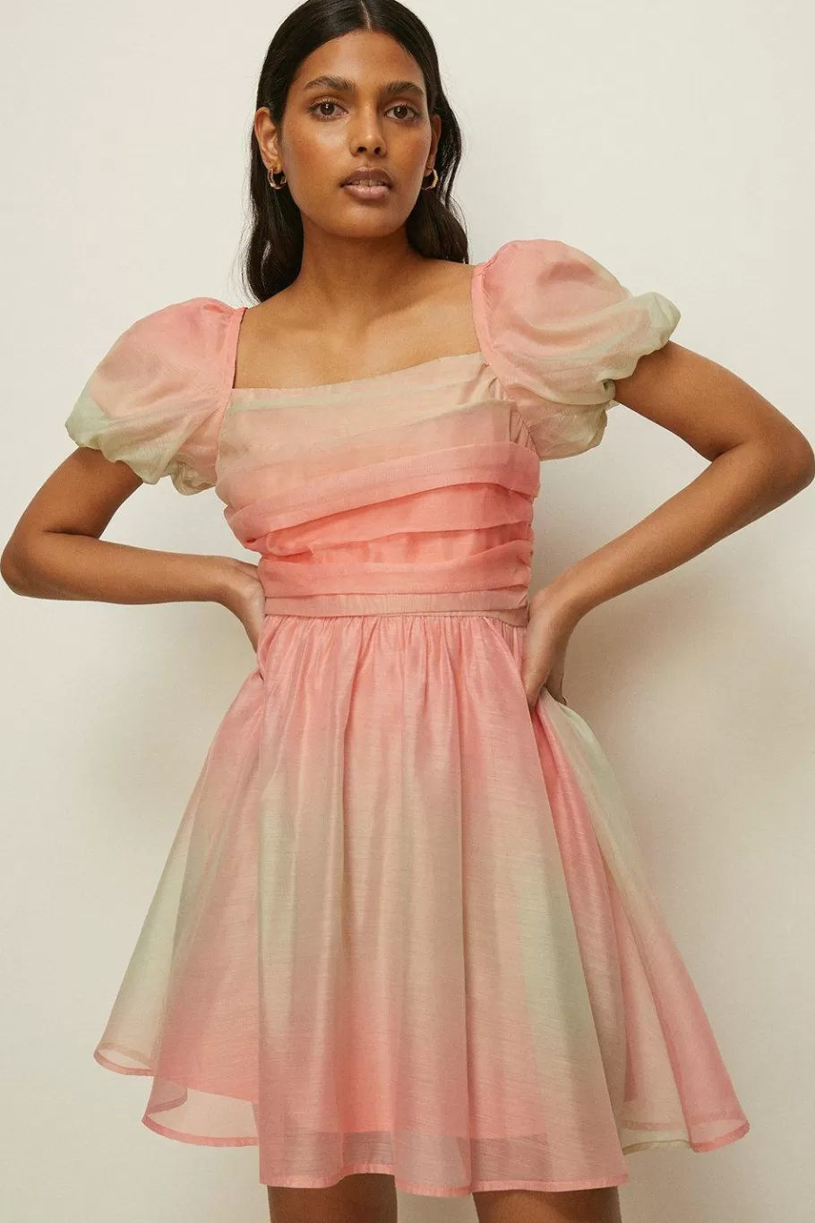 Oasis Ombre Ruched Detail Organza Skater Dress Apricot Hot