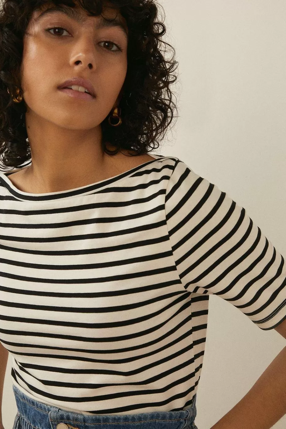 Oasis Organic Cotton Stripe Slash Neck Top Navy Best Sale