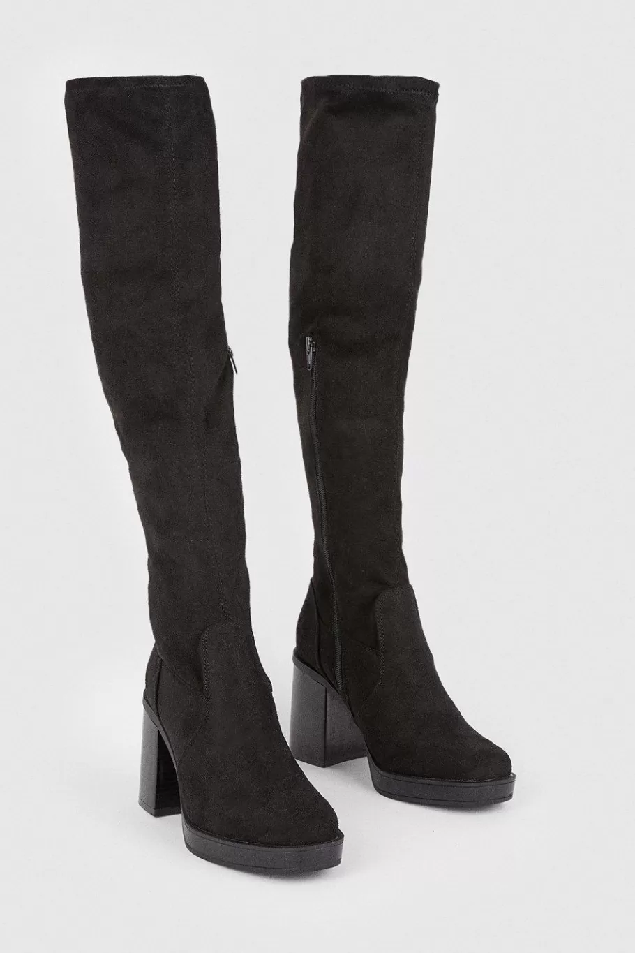 Oasis Over The Knee Pu Block Heeled Boot Black Shop