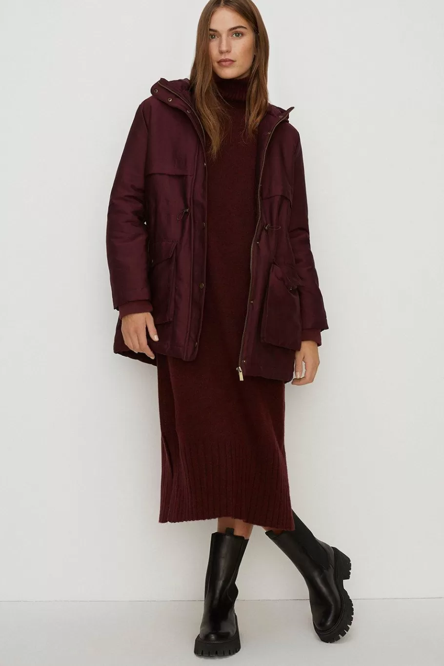 Oasis Padded Winter Midi Parka Coat Berry Fashion