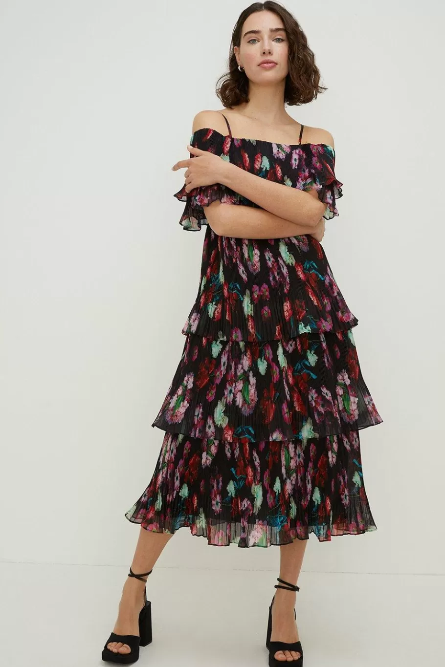 Oasis Painted Floral Bardot Organza Tiered Dress Black Best