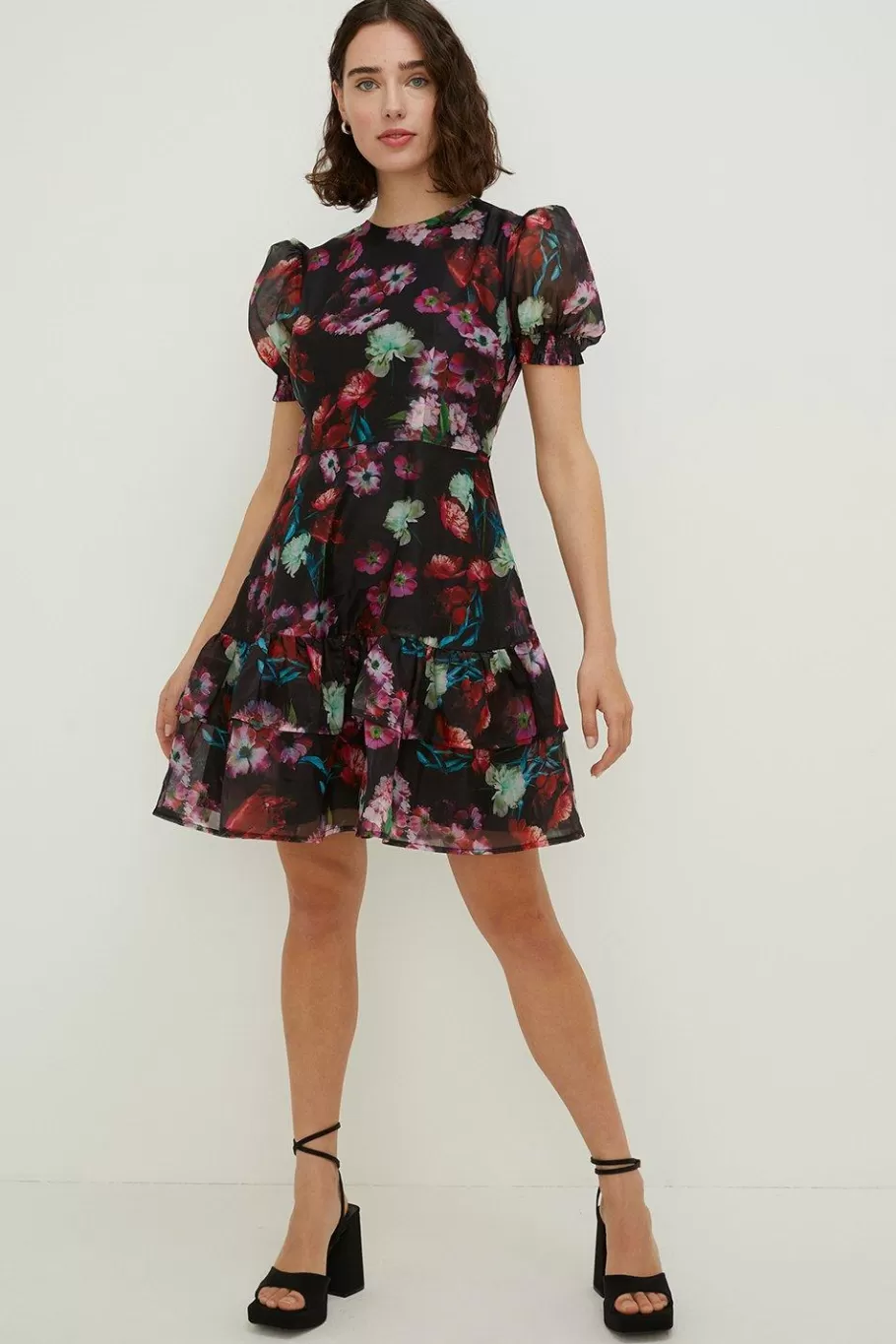 Oasis Painted Floral Tiered Organza Skater Dress Black Cheap