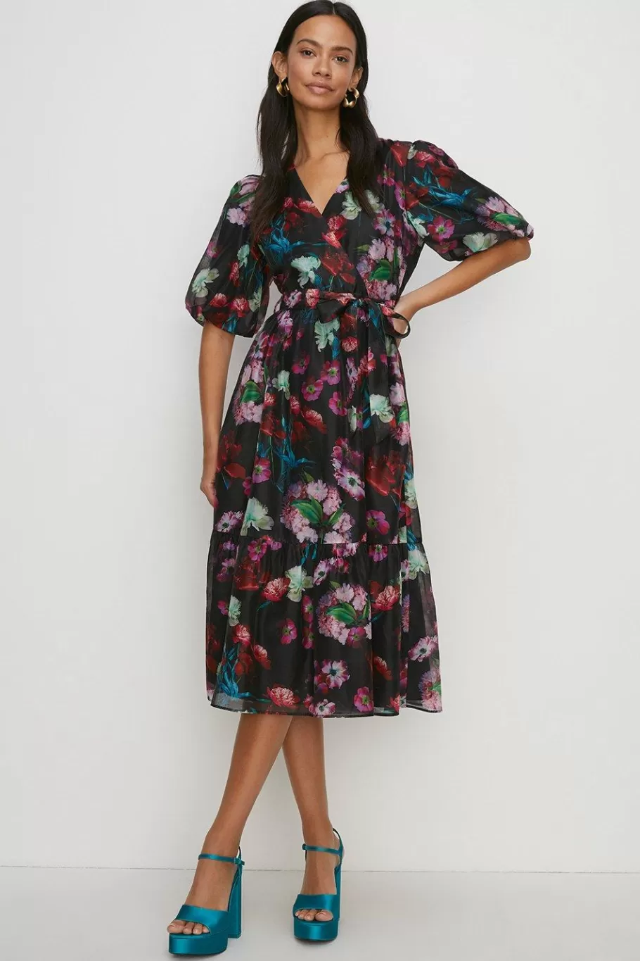 Oasis Painted Floral Wrap Organza Midi Dress Black Sale