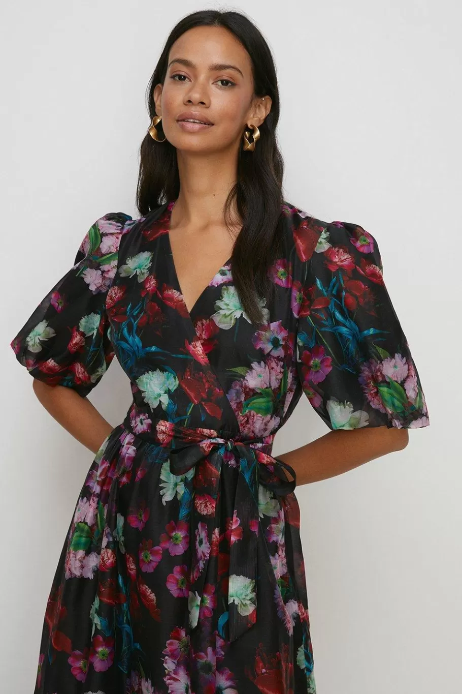 Oasis Painted Floral Wrap Organza Midi Dress Black Sale