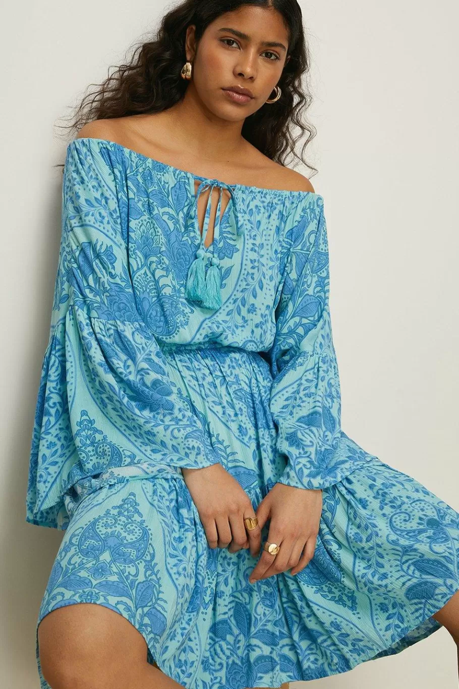 Oasis Paisley Bardot Dress Blue Cheap