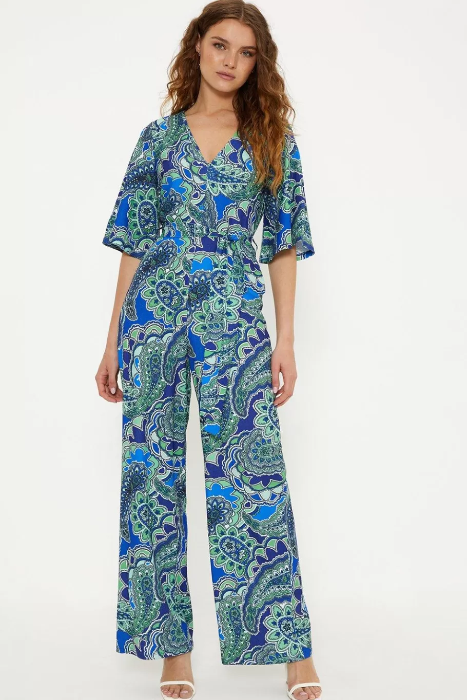 Oasis Paisley Crinkle Angel Sleeve Jumpsuit Blue Shop