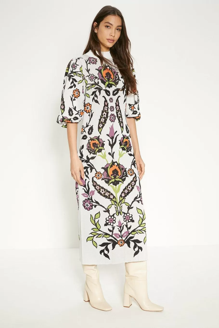 Oasis Paisley Jacquard Ruched Sleeve Midi Dress Ivory Fashion