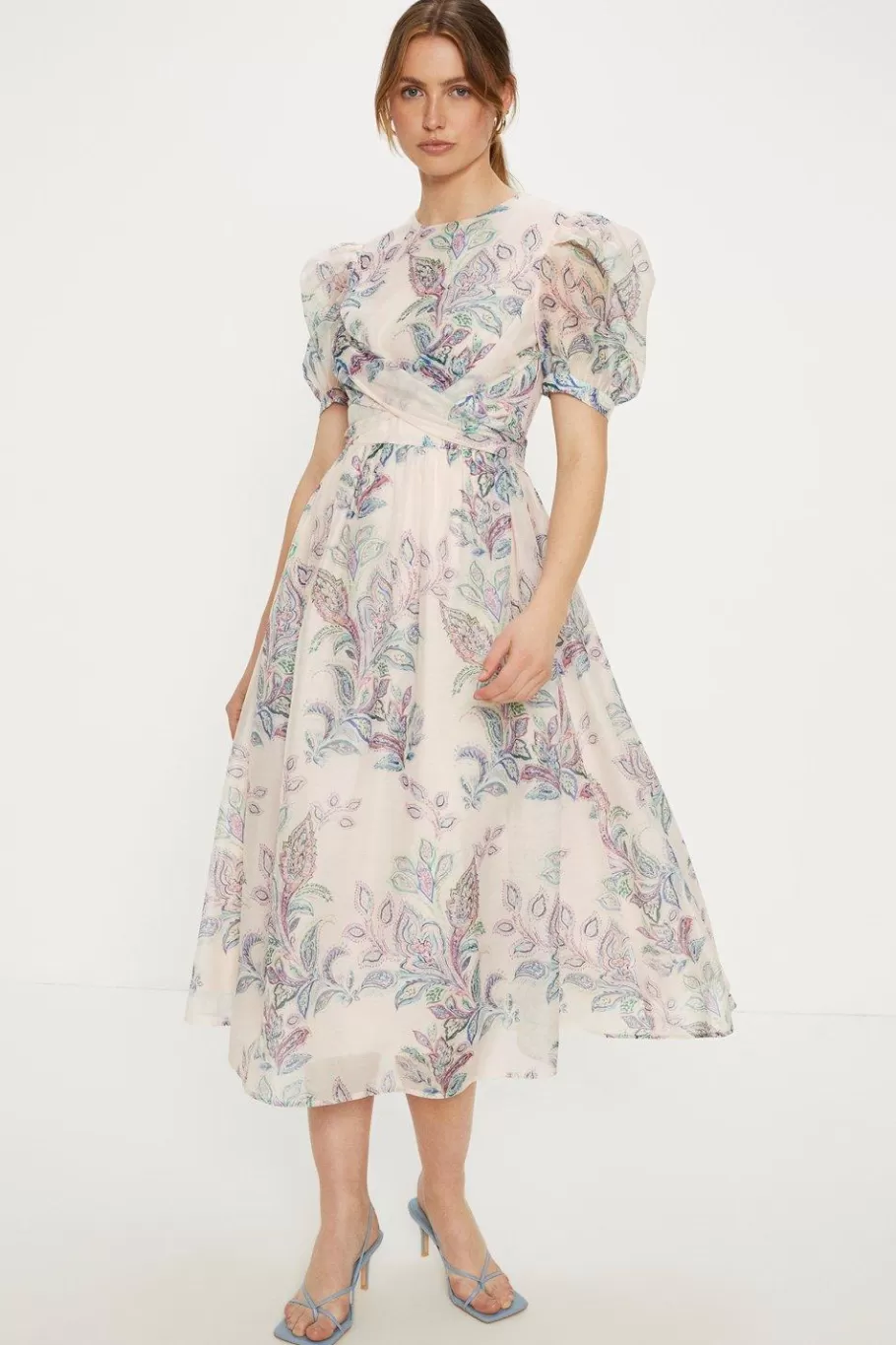 Oasis Paisley Organza Wrap Front Puff Sleeve Midi Dress Nude Shop