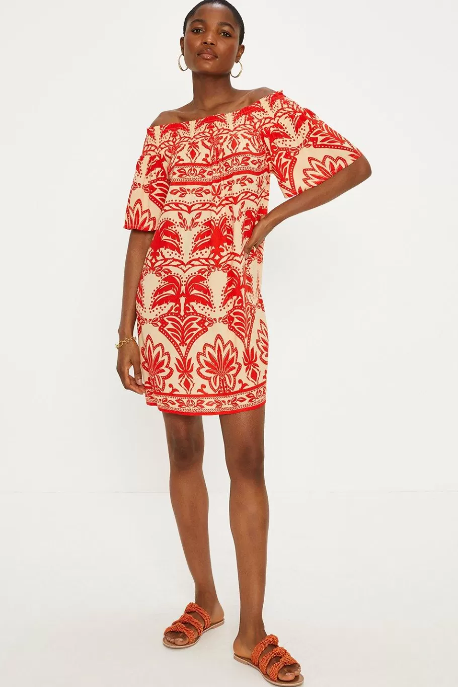 Oasis Paisley Palm Short Sleeve Shir Bardot Dress Red Online