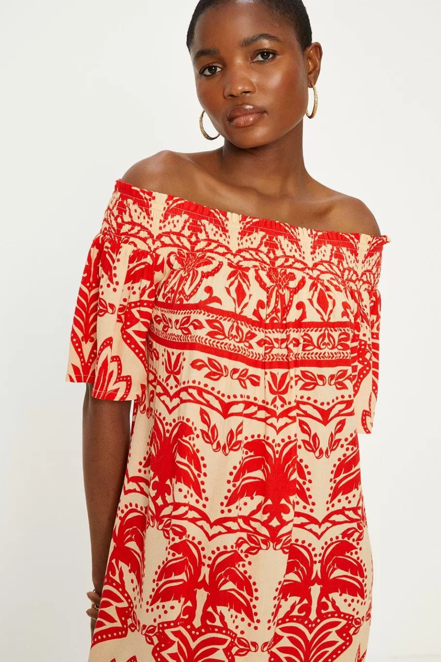 Oasis Paisley Palm Short Sleeve Shir Bardot Dress Red Online