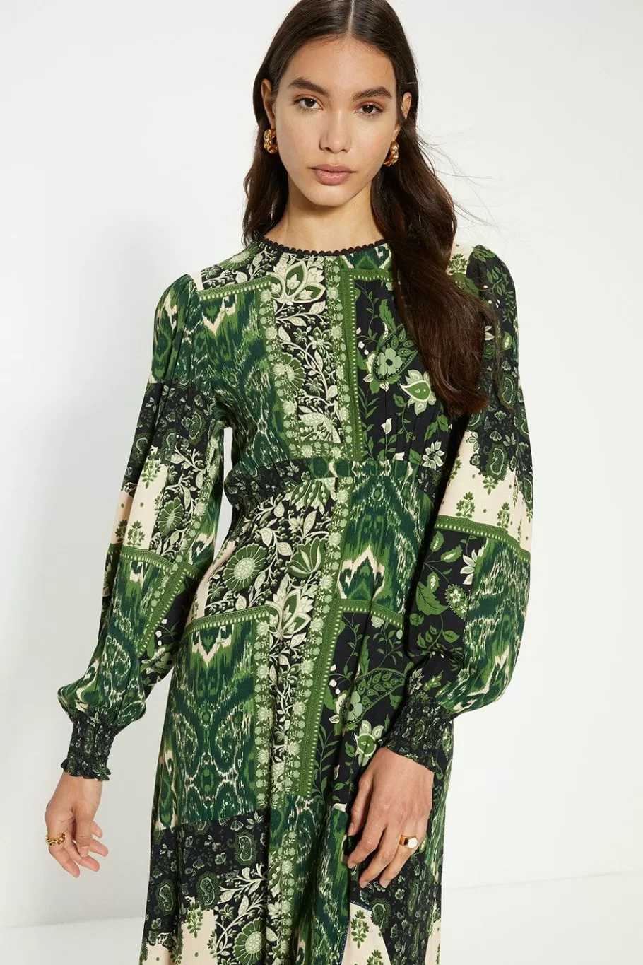 Oasis Paisley Patch Trim Detail Shirred Cuff Midi Dress Green Fashion