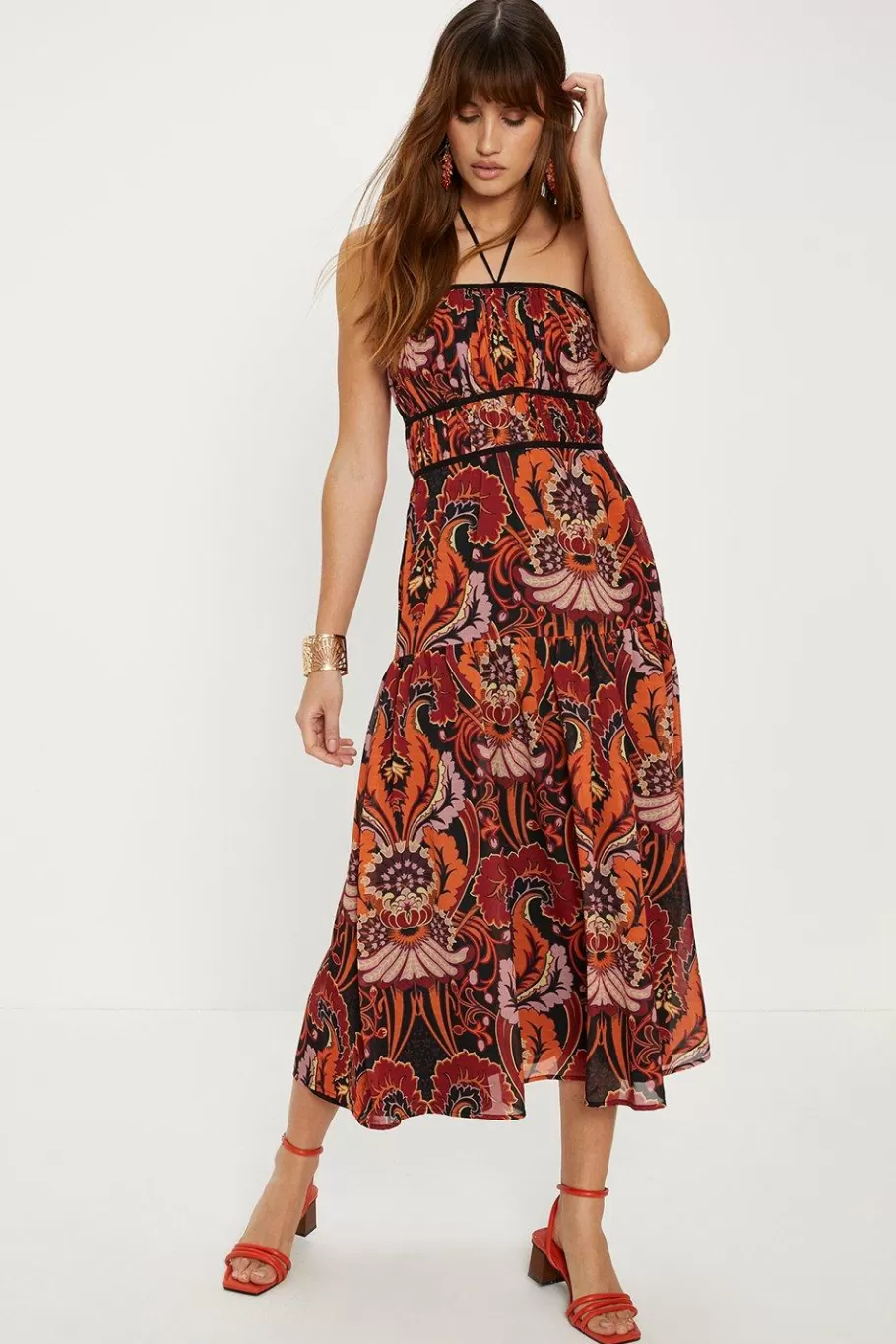 Oasis Paisley Print Halter Neck Midi Dress Orange Best