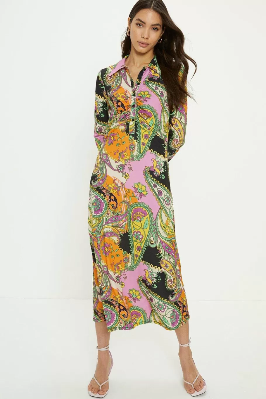 Oasis Paisley Ruched Front Midi Shirt Dress Purple Sale