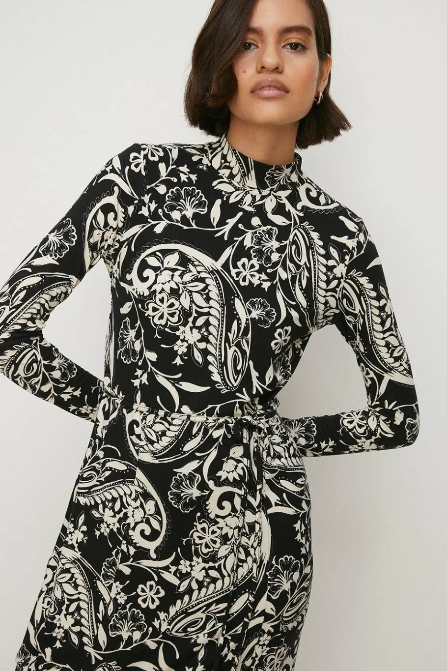 Oasis Paisley Soft Touch Funnel Neck Midi Dress Blackwhite Best