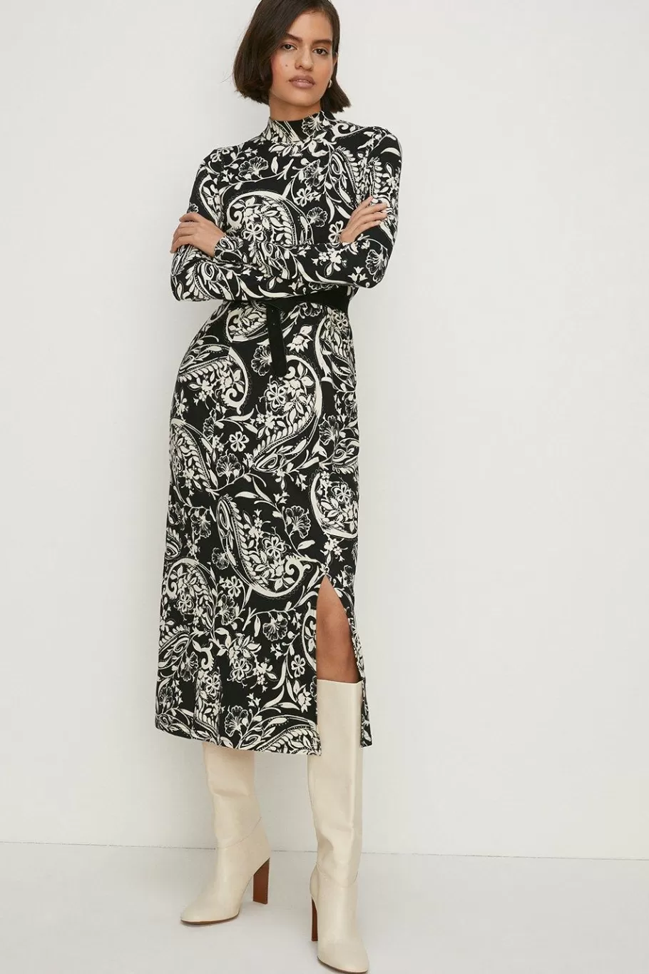 Oasis Paisley Soft Touch Funnel Neck Midi Dress Blackwhite Best