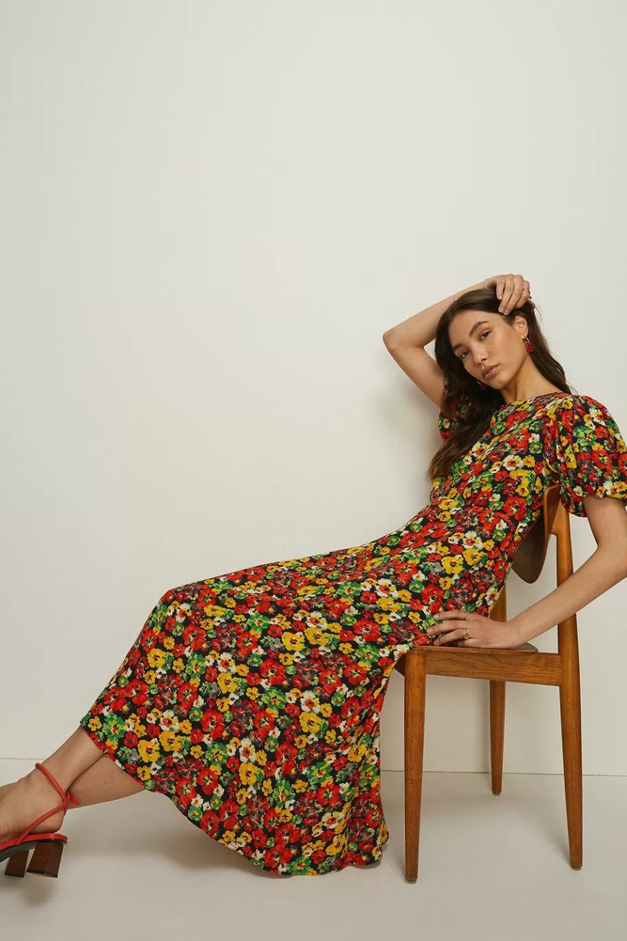 Oasis Pansy Puff Sleeve Midi Dress Floral Flash Sale