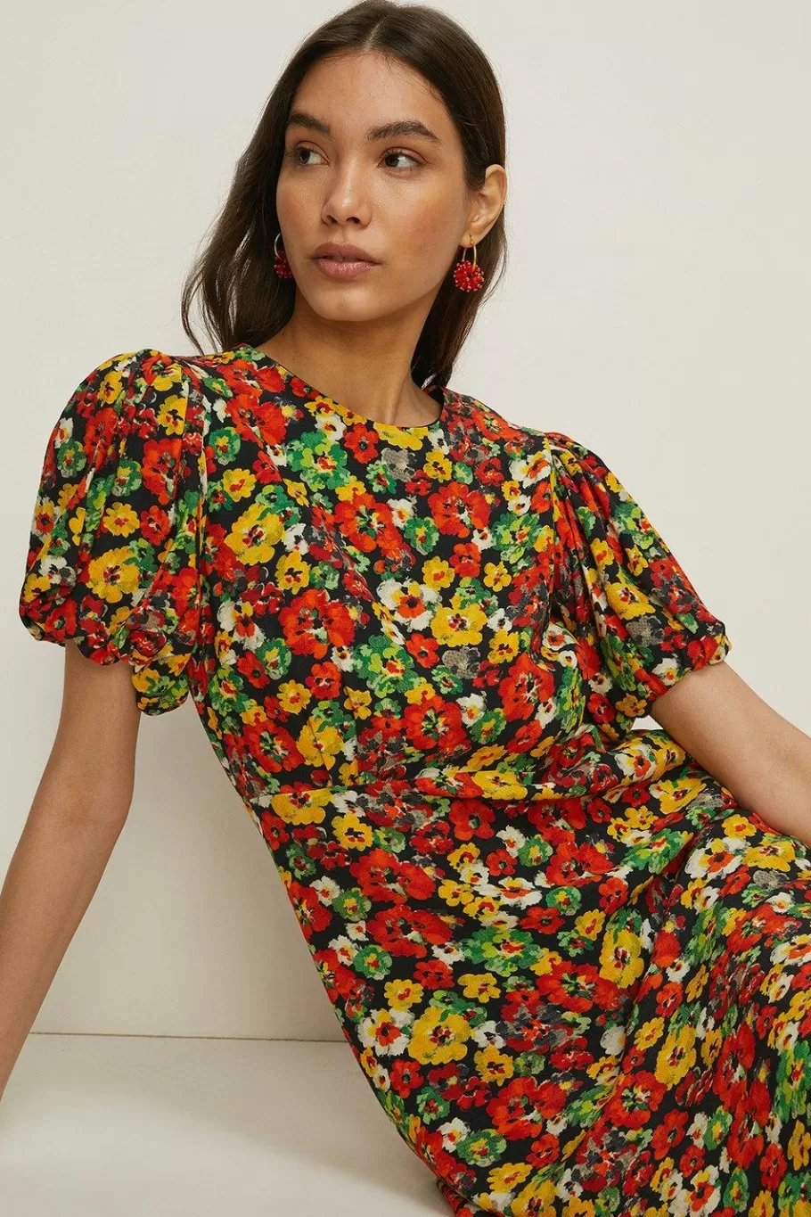 Oasis Pansy Puff Sleeve Midi Dress Floral Flash Sale