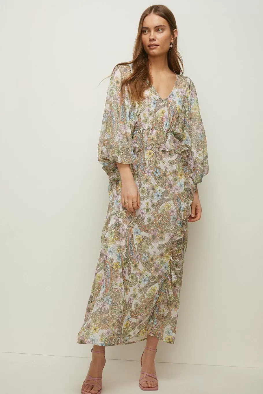 Oasis Pastel Paisley Dobby Chiffon Ruffle Midi Dres Multi Cheap