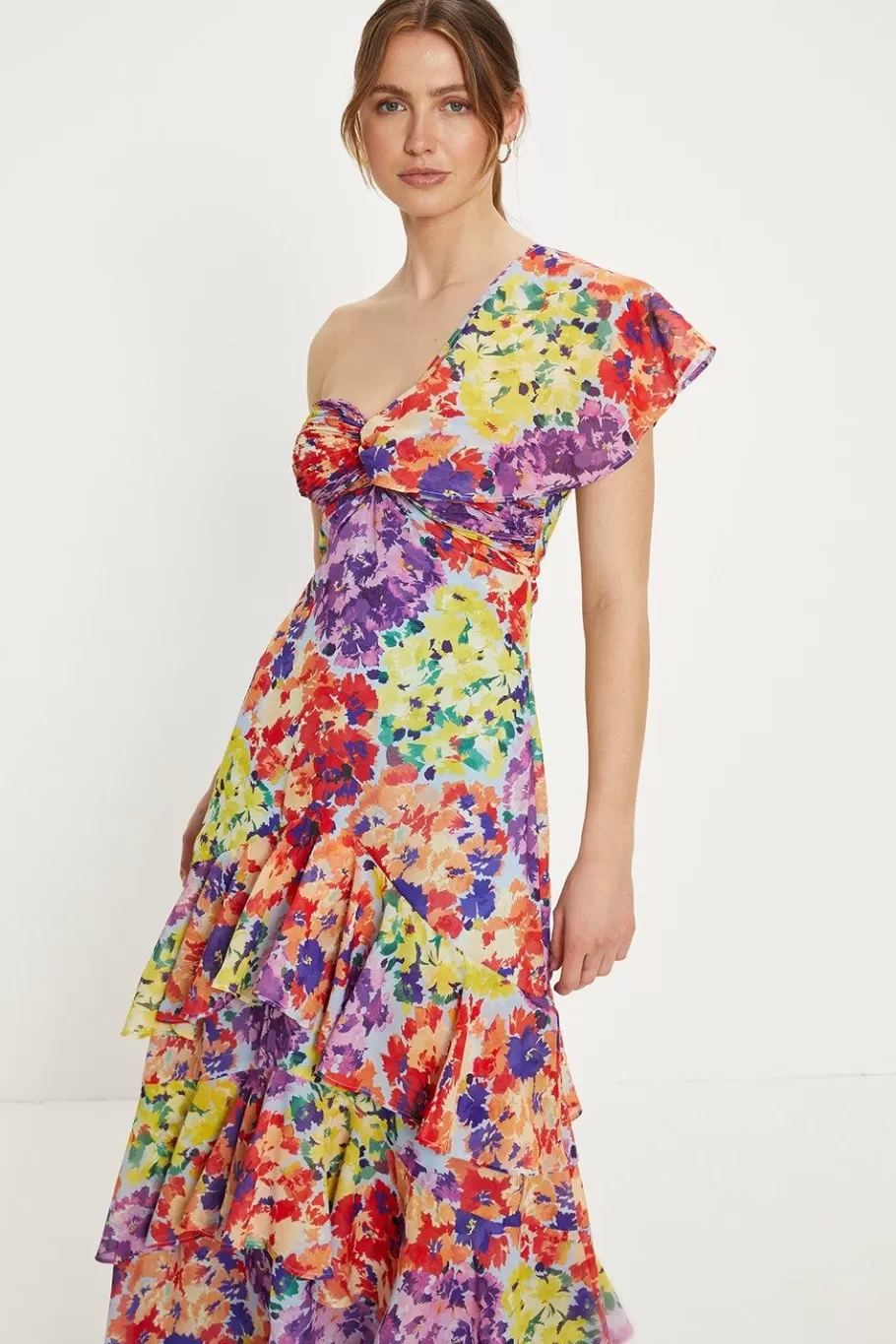 Oasis Patched Floral Asymmetric Ruffle Midi Dress Multi Store