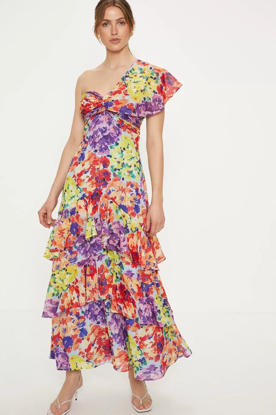 Oasis Patched Floral Asymmetric Ruffle Midi Dress Multi Store