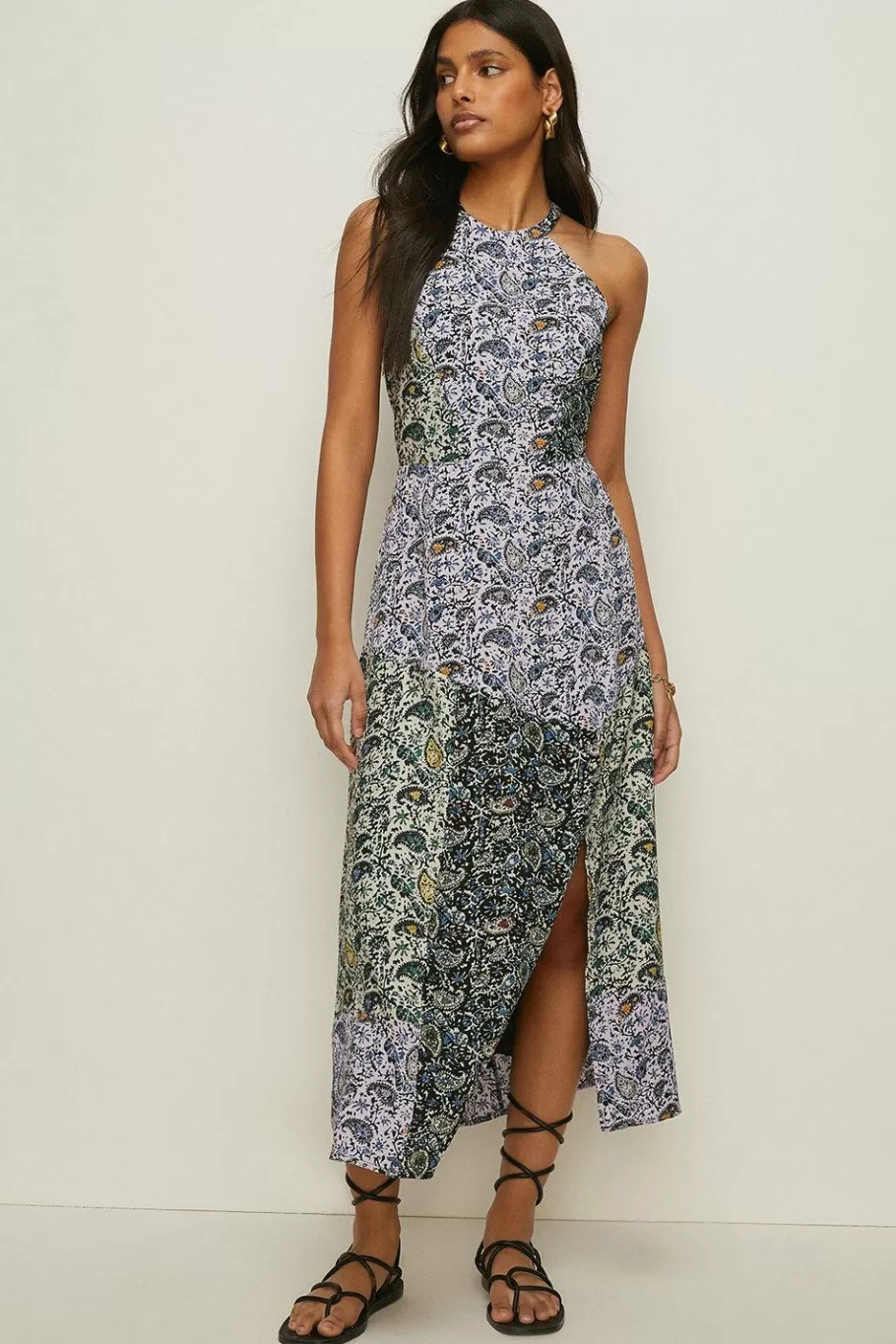 Oasis Patched Floral Side Split Halter Midi Dress Multi Clearance